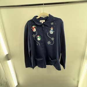 Breckenridge XL Snowman Zip Cardigan Navy Fleece Jacket Embroidered Christmas